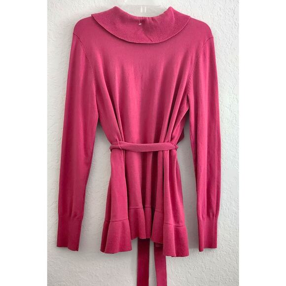 SWEATER/CARDIGAN-CASLON-Raspberry Red-Ruffles-Waist Tie-Long Sleeves-Size MED - Picture 2 of 8